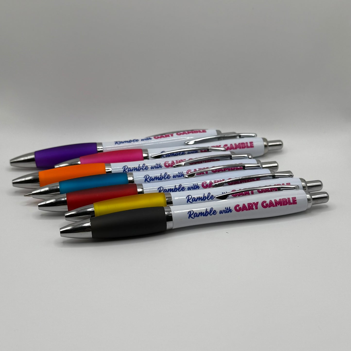 Pen with colourful barrels and a Ramble with Gary Gamble design.